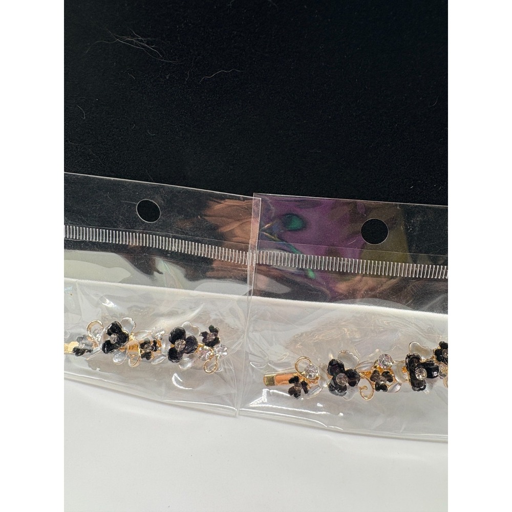 Black and Cubic Zirconia Floral Barrettes 2 Piece Set Hair Clips